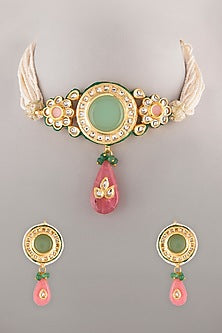 Gold Finish Pearl & Kundan Polki Choker Necklace Set