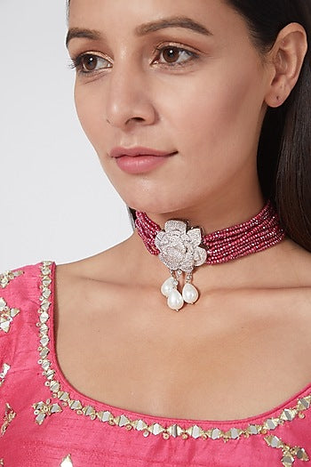 White Finish Zircon & Dark Pink Beaded Choker Necklace