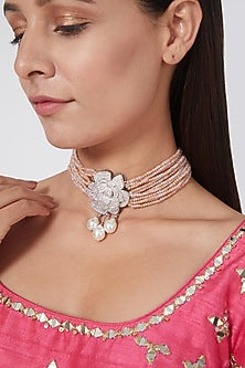 White FInish Zircon & Peach Beaded Choker Necklace