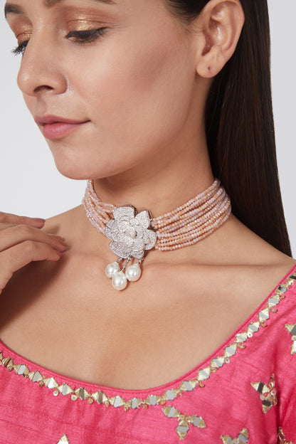 White FInish Zircon & Peach Beaded Choker Necklace