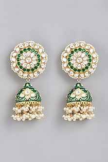 Gold Finish Kundan Polki & Green Beaded Jhumka Earrings