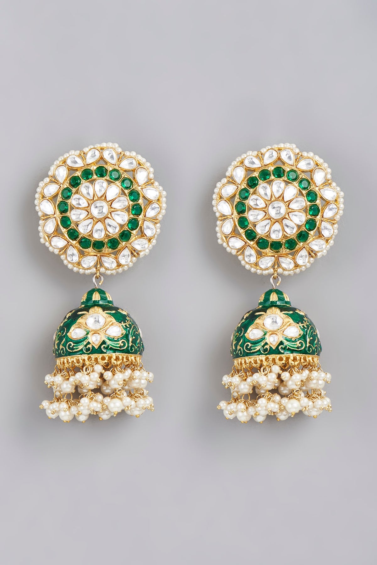 Gold Finish Kundan Polki & Green Beaded Jhumka Earrings