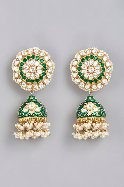 Gold Finish Kundan Polki & Green Beaded Jhumka Earrings