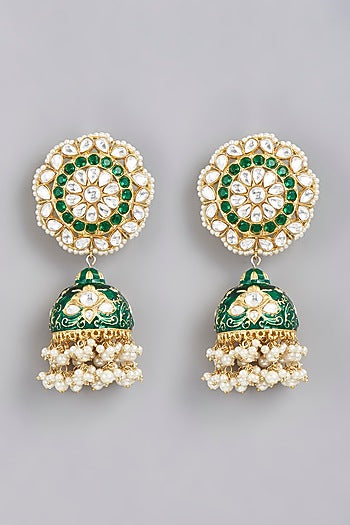 Gold Finish Kundan Polki & Green Beaded Jhumka Earrings