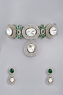 Two Tone Finish Kundan Polki & Green Stone Choker Necklace Set