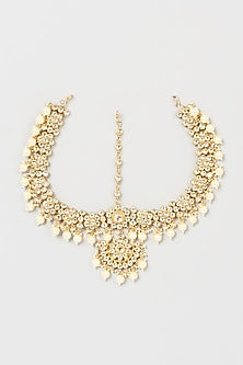 Gold Finish Pearl & Kundan Polki Mathapatti