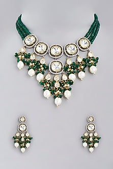 Gold Finish Kundan Polki & Green Beaded Choker Necklace Set