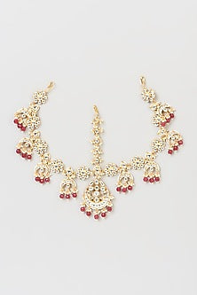 Gold Finish Pachi Kundan Polki & Red Beaded Mathapatti
