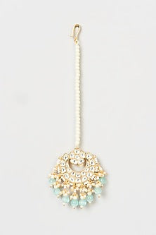 Gold Finish Kundan Polki & Aqua Blue Stone Maang Tikka