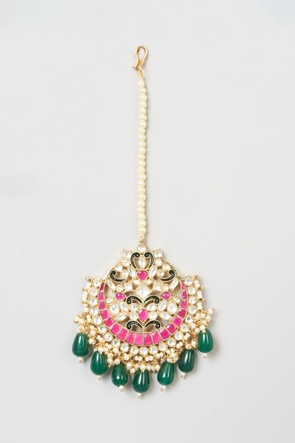 Gold Finish Green Stone & Kundan Polki Maang Tikka