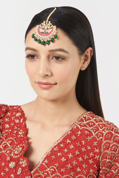 Gold Finish Green Stone & Kundan Polki Maang Tikka