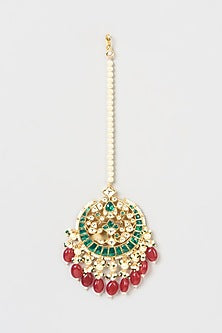Gold Finish Kundan Polki & Red Stone Maang Tikka