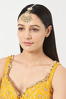 Gold Finish Kundan Polki & Pearl Maang Tikka