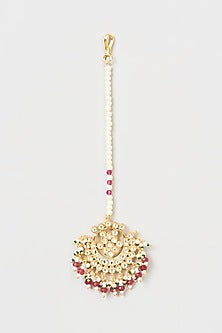 Gold Finish Kundan Polki & Red Stone Maang Tikka