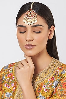 Gold Finish Kundan Polki & Pearl Maang Tikka