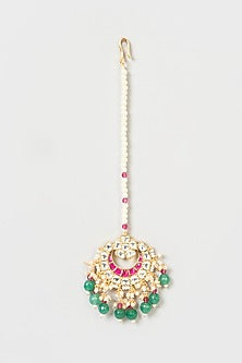 Gold Finish Kundan Polki & Green Stone Maang Tikka