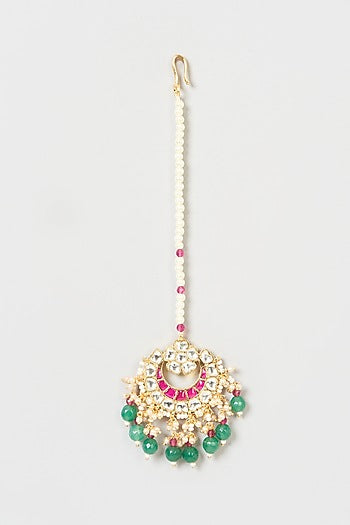 Gold Finish Kundan Polki & Green Stone Maang Tikka