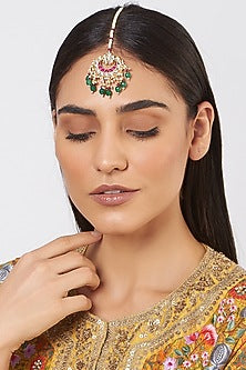 Gold Finish Kundan Polki & Green Stone Maang Tikka