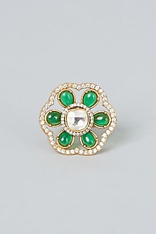 Gold Finish Kundan Polki & Pearl Ring