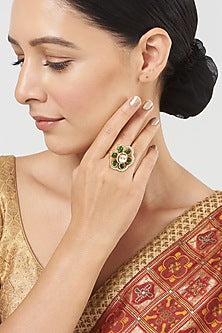 Gold Finish Kundan Polki & Pearl Ring