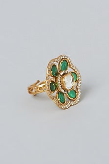 Gold Finish Kundan Polki & Pearl Ring