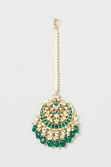 Gold Finish Kundan Polki & Green Stone Maang Tikka
