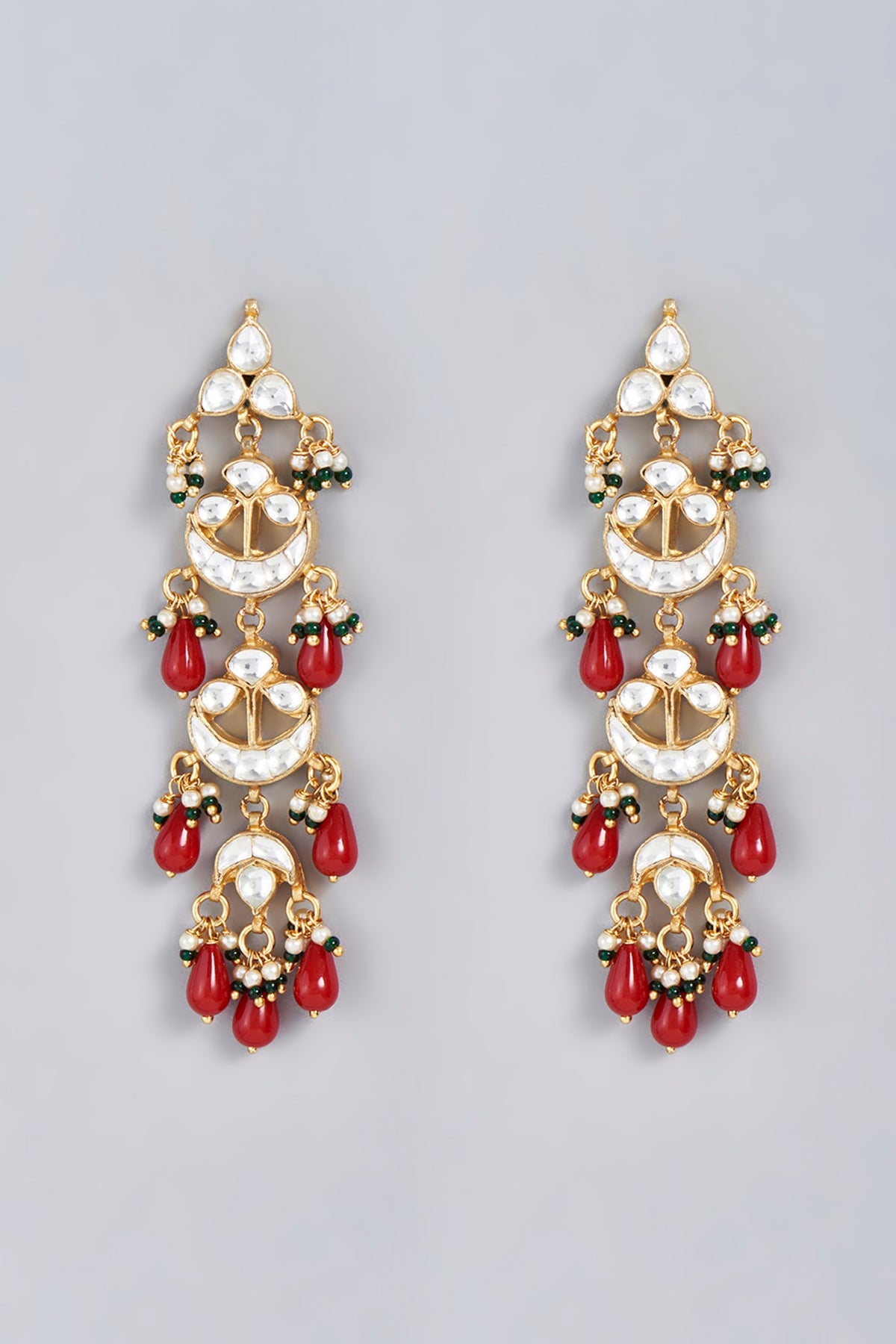 Gold Finish Red Pachi Kundan Polki Dangler Earrings