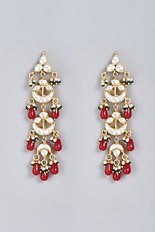Gold Finish Red Pachi Kundan Polki Dangler Earrings