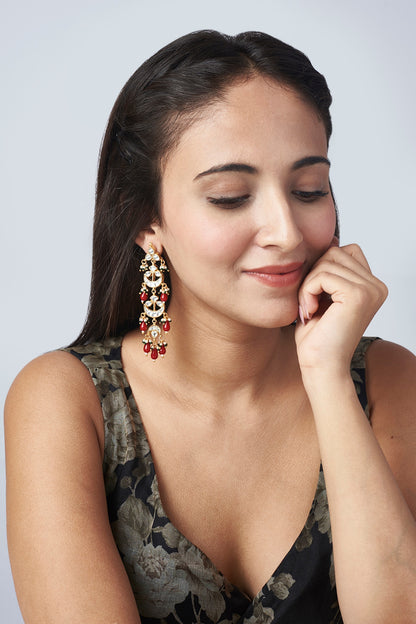 Gold Finish Red Pachi Kundan Polki Dangler Earrings