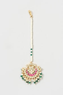 Gold Finish Kundan Polki & Green Stone Maang Tikka