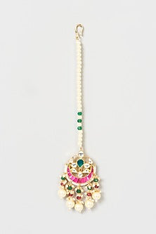 Gold Finish Kundan Polki & Pearl Maang Tikka
