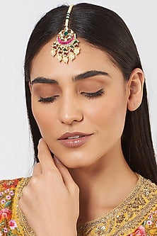 Gold Finish Kundan Polki & Pearl Maang Tikka