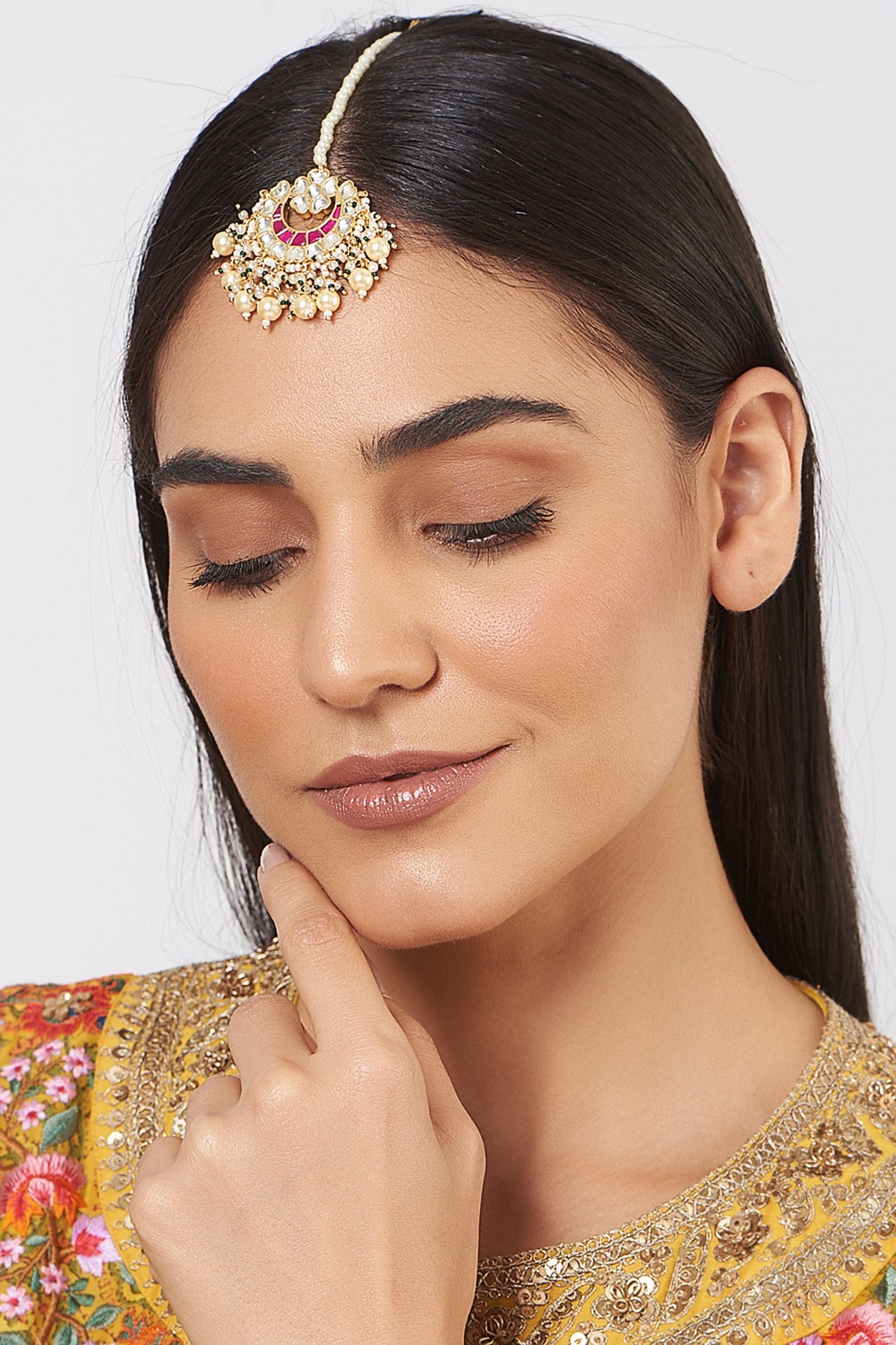 Gold Finish Kundan Polki & Pearl Maang Tikka
