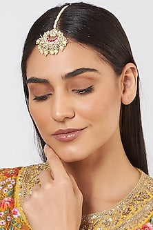 Gold Finish Kundan Polki & Pearl Maang Tikka