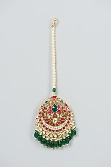 Gold Finish Kundan Polki & Green Beaded Maang Tikka