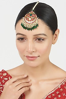 Gold Finish Kundan Polki & Green Beaded Maang Tikka