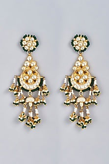 Gold Finish Green Pachi Kundan Polki Dangler Earrings