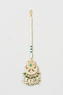 Gold Finish Kundan Polki & Green Stone Maang Tikka