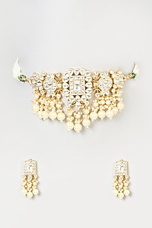 Gold Finish Pearl & Pachi Kundan Polki Choker Necklace Set