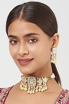 Gold Finish Pearl & Pachi Kundan Polki Choker Necklace Set
