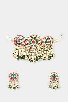 Gold Finish Pachi Kundan Polki & Multi-Colored Stone Choker Necklace Set