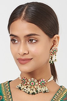 Gold Finish Pachi Kundan Polki & Multi-Colored Stone Choker Necklace Set