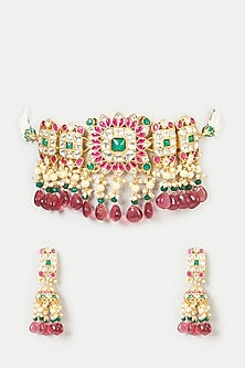 Gold Finish Pachi Kundan Polki & Red Stone Choker Necklace Set
