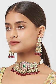 Gold Finish Pachi Kundan Polki & Red Stone Choker Necklace Set