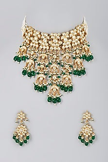 Gold Finish Kundan Polki & Green Drop Choker Necklace Set