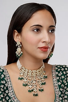 Gold Finish Kundan Polki & Green Drop Choker Necklace Set