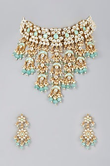Gold Finish Kundan Polki & Aqua Drop Choker Necklace Set