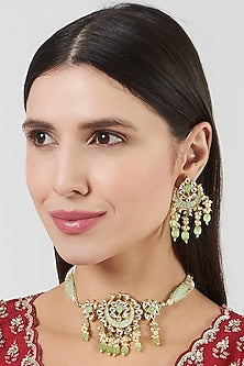 Gold Finish Pachi Kundan Polki & Turquoise Stone Choker Necklace Set