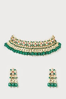 Gold Finish Pachi Kundan Polki & Green Stone Choker Necklace Set