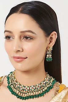 Gold Finish Pachi Kundan Polki & Green Stone Choker Necklace Set